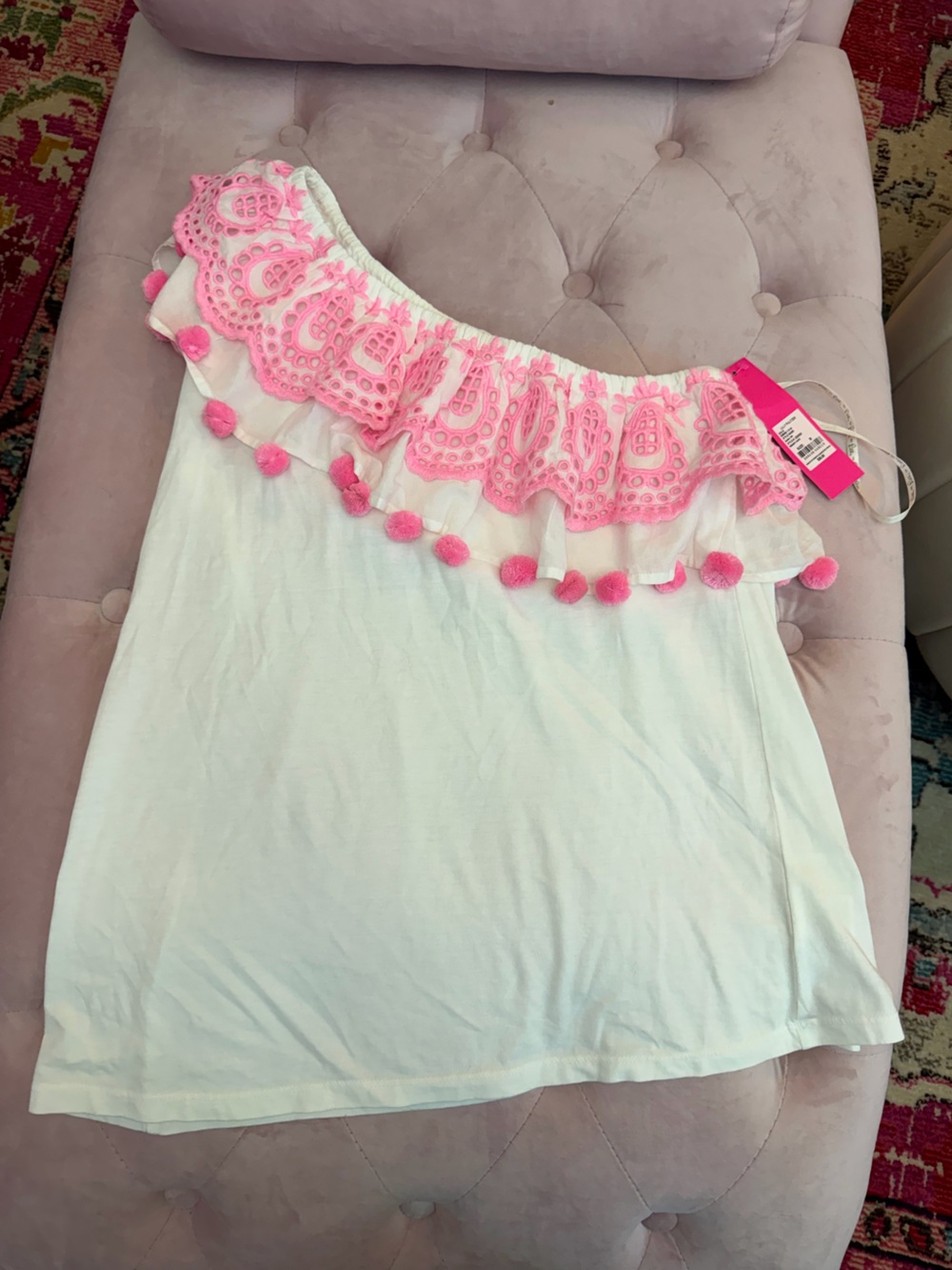 Lilly Pulitzer White One-Shoulder Tank with Pink Lace & Pom Trim